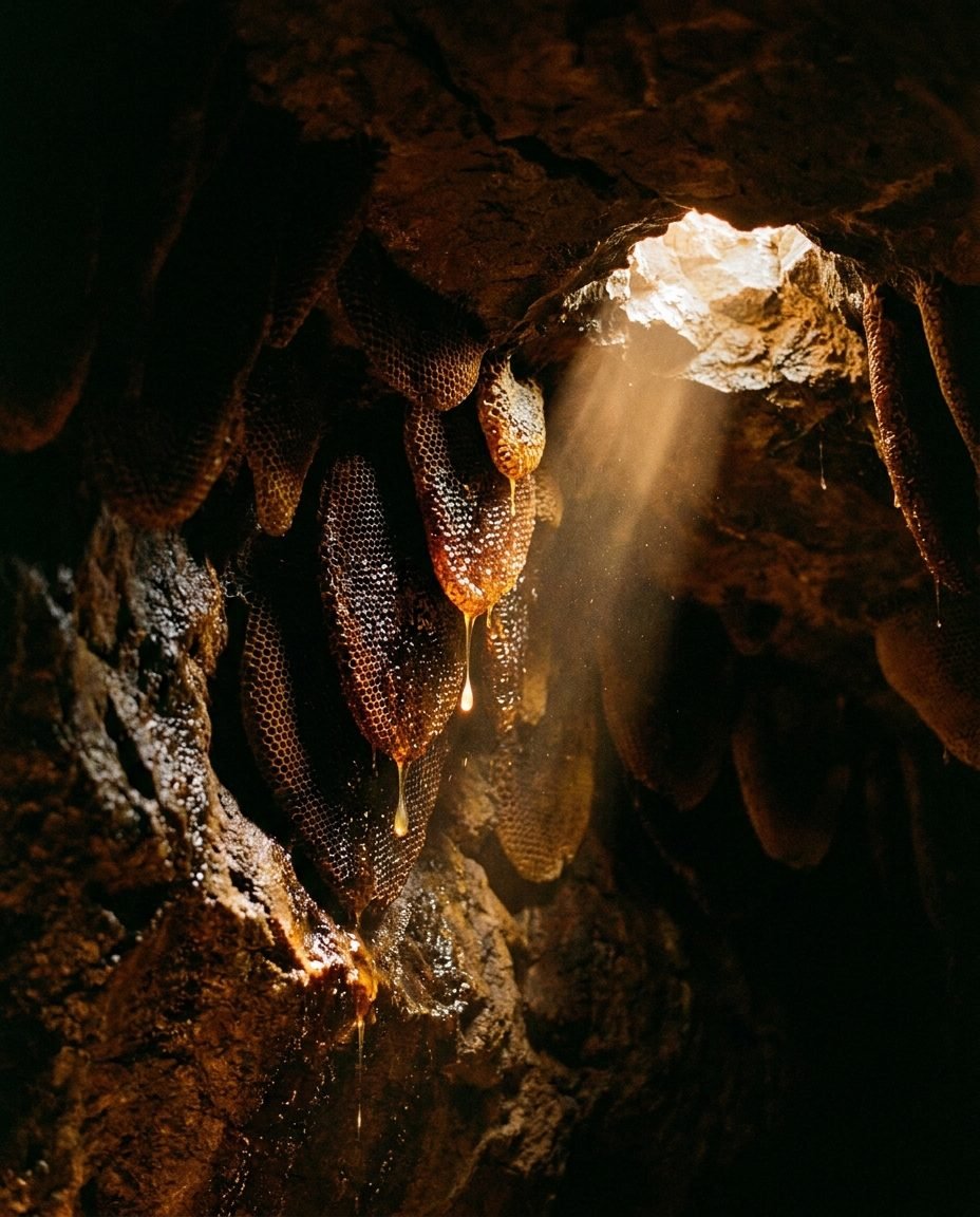 Wild honeycomb built onto the rock wall of a dark cave, lit by a single shaft of warm light