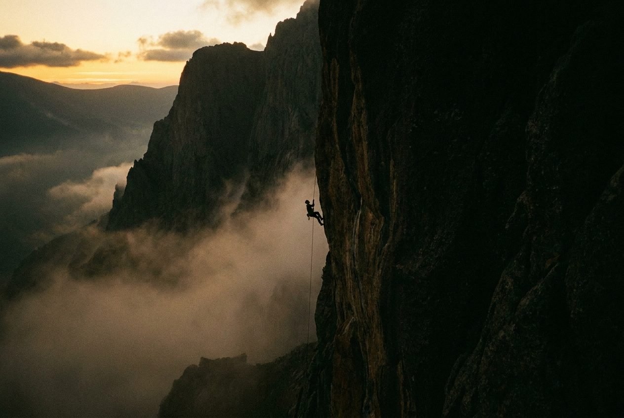 A lone climber on a rope against an immense dark cliff face at dawn