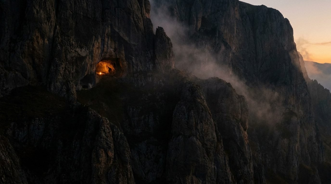 A cave mouth glowing faintly with amber light, high on a dark cliff face in the mountains of north-eastern Türkiye