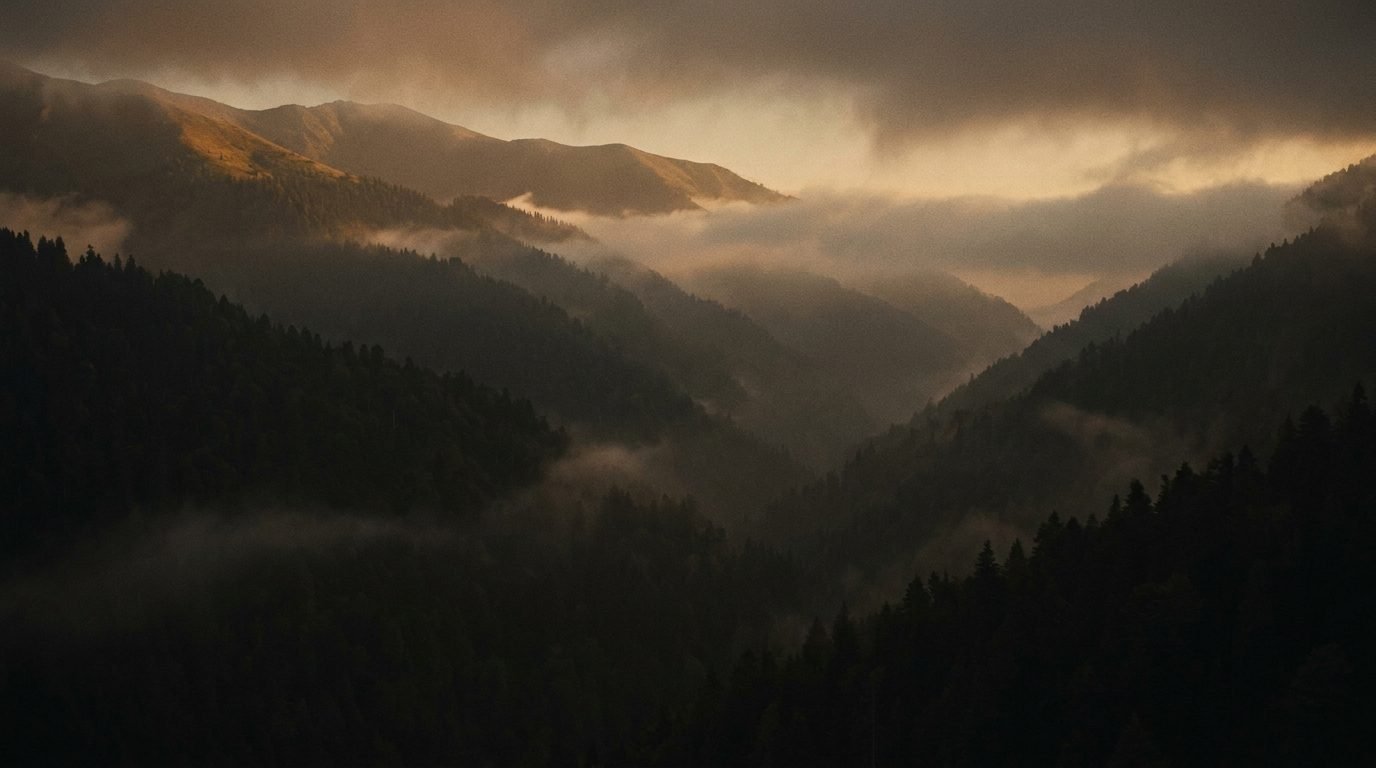 Layers of dark forested ridges dissolving into dawn mist in a remote mountain valley